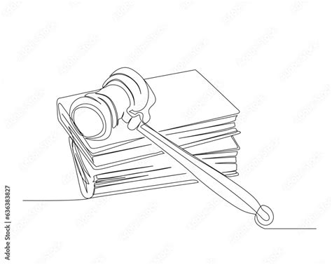 Continuous one line drawing of Judge's hammer over the books. Law hammer outline vector ...
