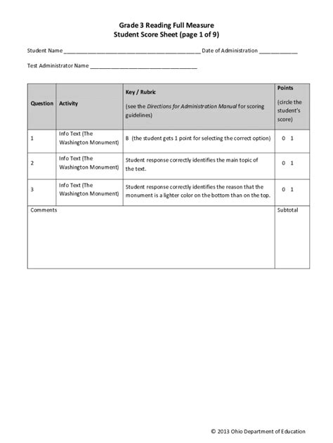 Fillable Online Grade 3 Reading Full Measure Student Score Sheet (page 1 of 9) Fax Email Print ...