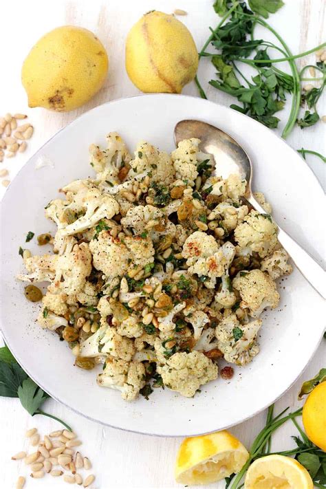 Roasted Cauliflower with Pine Nuts and Raisins - Bowl of Delicious