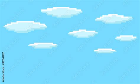 Pixel art game background with blue sky and clouds. 8-bit flat vector ...