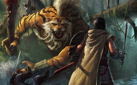 Online crop | HD wallpaper: knight fighting tiger digital wallpaper ...