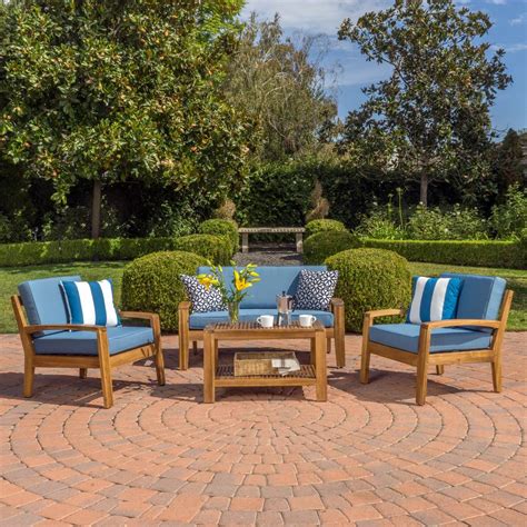 Noble House Grenada Teak 4-Piece Wood Patio Conversation Set with Blue ...