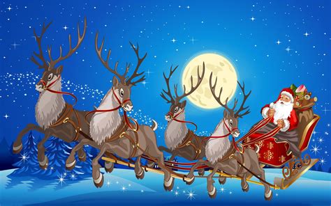 Santa Claus Sleigh With Reindeer Gifts Full Moon Desktop Wallpaper Hd ...