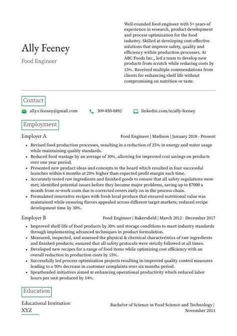 Food Engineer Resume (CV) Example and Writing Guide