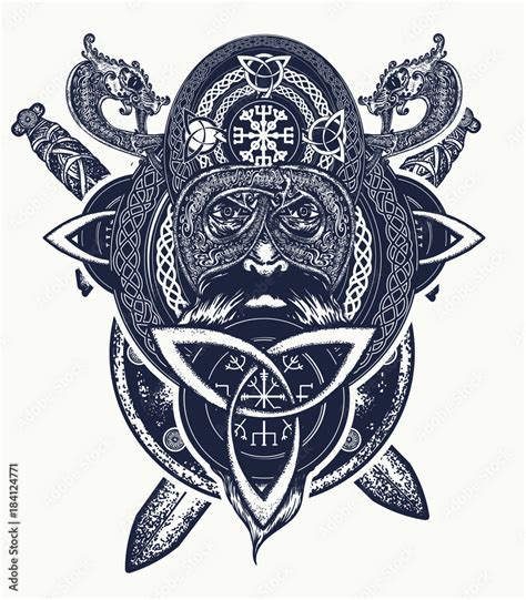 Viking warrior head t-shirt design. Celtic amulet forces tattoo. Tribal ...