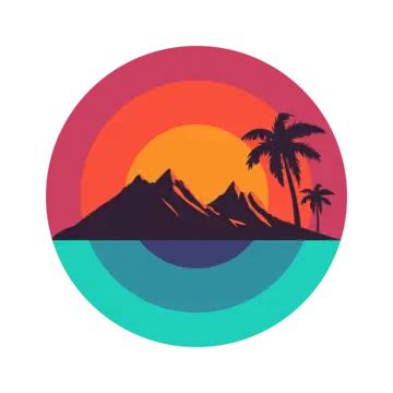 Vector Illustration Of Summer Vacation Beach Logo With Mountains Coconut Trees In A Circle Retro ...