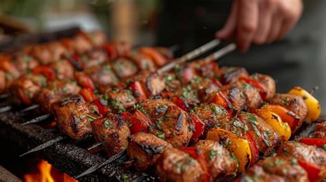 Premium Photo | Skewers of meat and vegetables on skewers on a barbecue grill Generative AI