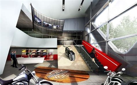 Interior render of the offices and bikes showroom | Motorcycle showroom interior, Motorcycle ...