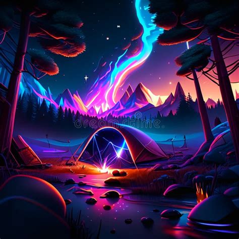 Camping in the Mountains at Night. Vector Illustration in a Cartoon Style Stock Illustration ...