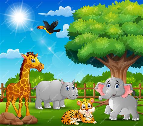 Premium Vector | Happy animals on nature scene