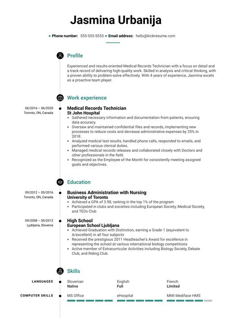 Medical Records Technician Resume Example | Kickresume