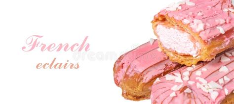 Traditional French Eclairs with Pink Chocolate on White Stock Photo ...