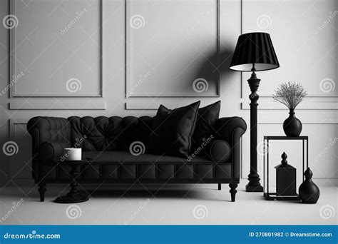 Interior Design Black Living Room Furniture and Lamp on White Wall with ...