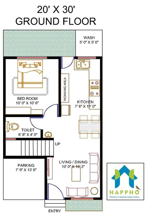 Vastu Compliant 1 BHK Floor Plan for a 20x30 Plot