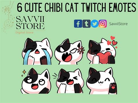 6 Cute Black & White Cat Twitch Emotes, Chibi Cat Twitch Emotes, 112 x ...