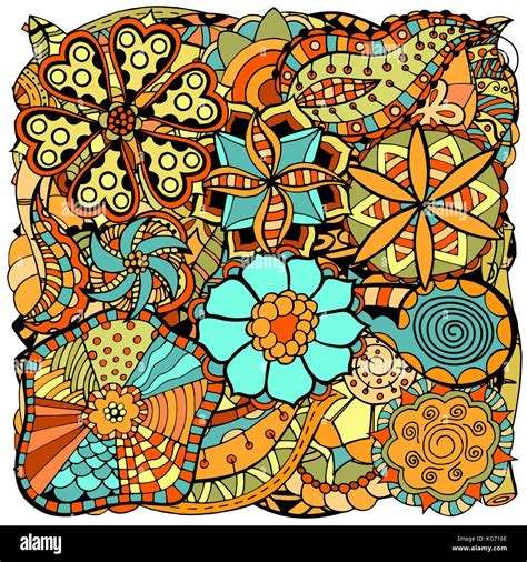 Ethnic colored floral zentangle, doodle background pattern circle in ...