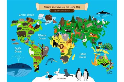 World Map Animals. Europe and Asia, South and North America, Australia and Africa Animals map ...