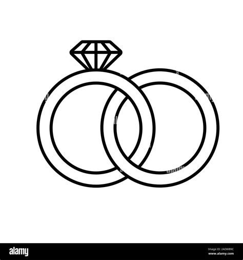 Wedding rings linear icon. Thin line illustration. Interlocked wedding ring with diamond contour ...