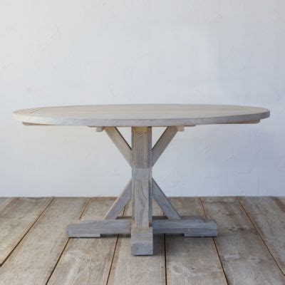Protected Teak Round Trestle Dining Table, 5' | Garden table and chairs, Wooden garden table ...