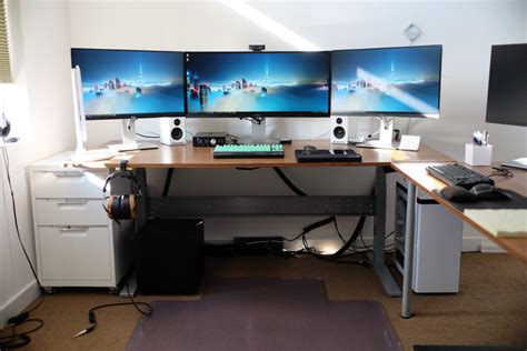 IKEA-Gaming-Computer-Desk-setup-with-drawer-also-Triple-Monitors-and-White-PC-Case-Battle-Station