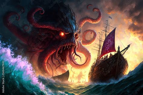 A giant red octopus kraken monster attacking a pirate ship in the dark ocean, generative ai ...