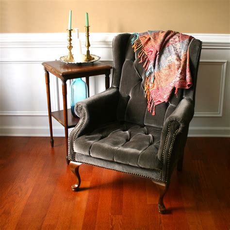 Vintage Upholstered Wing Back Arm Chair. Velvet. Tufted.