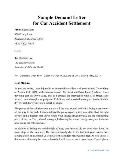 Sample Demand Letter for Car Accident Settlement - Fill Out, Sign Online and Download PDF ...