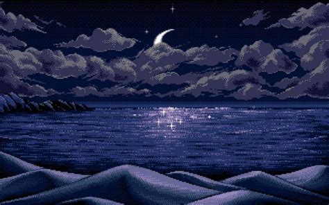 digital Art, Pixel Art, Pixels, Moon, Horizon, Blue, Reflection, Nature ...