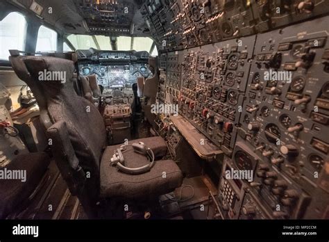 Cockpit interior of British Airways Concorde on display in hanger at National Museum of Flight ...