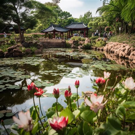 Premium AI Image | A pond with a small bridge and a small bridge in the background.