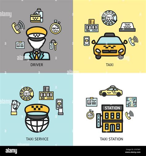Taxi station 24h available call service 4 flat icons composition with professional driver ...
