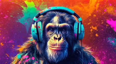 Premium AI Image | Abstract background with monkey ape in headphones at colorful paints drops ...