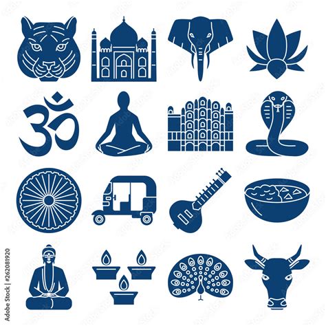 India national symbols, silhouette icons set in flat style Stock Vector | Adobe Stock