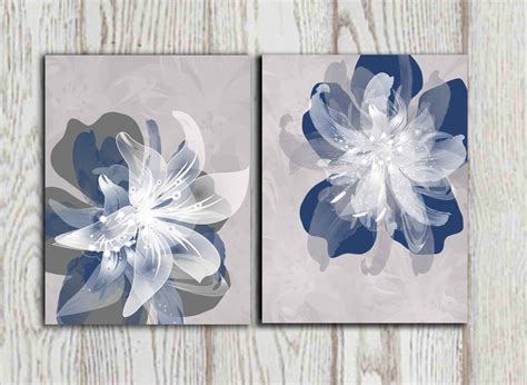 Navy blue gray flower wall art prints Large poster print | Etsy