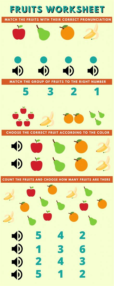 the fruit worksheet is shown with numbers and fruits in each section, including an apple