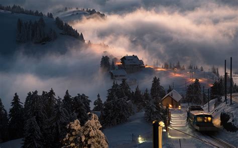 Landscape, Nature, Switzerland, Sunset, Snow, Village, Train, Mist, Trees, Winter, Hill # ...