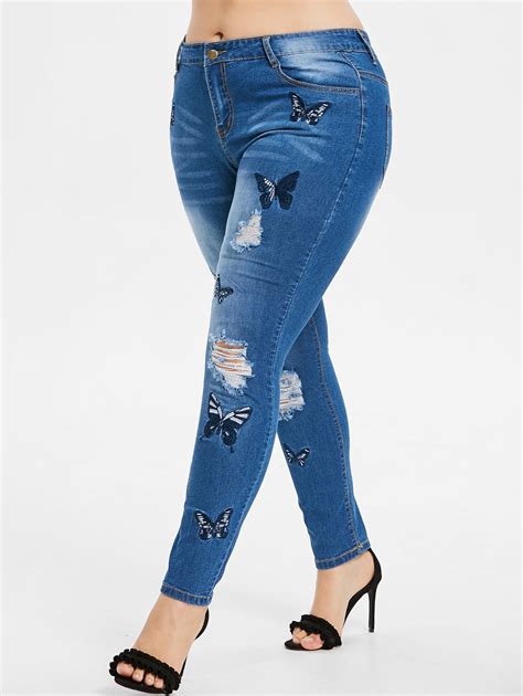 Plus Size Butterfly Embroidered Ripped Jeans - 5x - women fashion