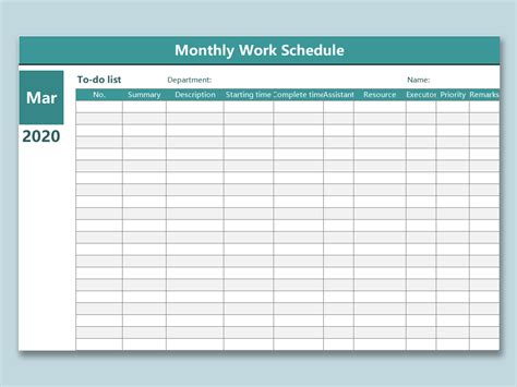 Blank Monthly Work Schedule Template