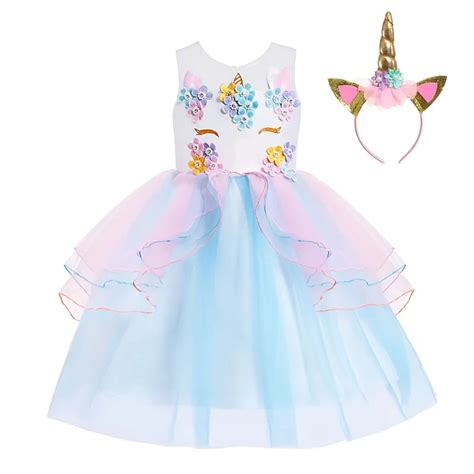 VOGUEON Unicorn Dress Up Clothes Girl Flower Layered Dress Kids Pageant ...