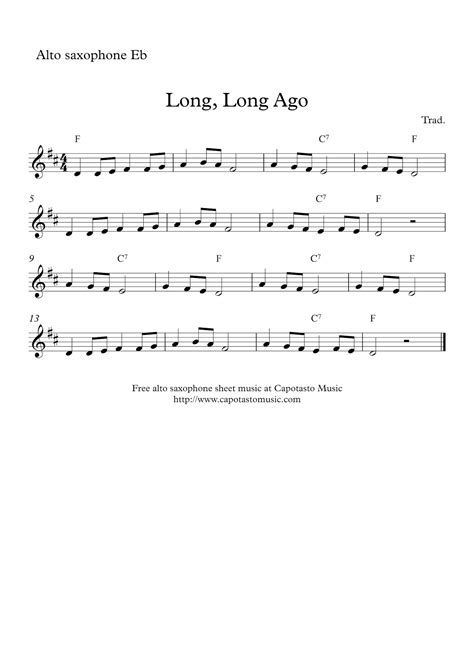 Easy Sheet Music For Beginners: Free easy alto saxophone sheet music score - Long, Long Ago