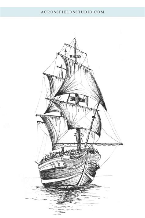 Sailboat Drawing in Black and White. Ship at Sea. | Boat drawing, Ship tattoo, Ship drawing