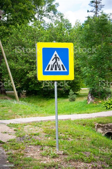 Pedestrian Crossing Sign Blue Road Sign Highway Stock Photo - Download Image Now - Autumn, Blue ...