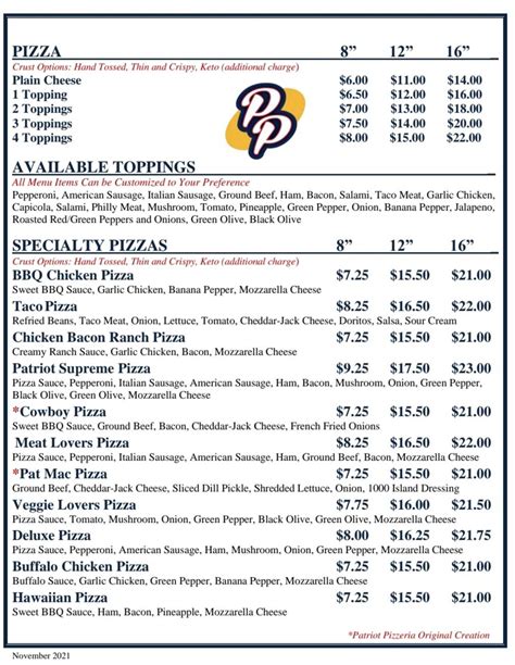 Menu at Patriot Pizza pizzeria, Monroeville