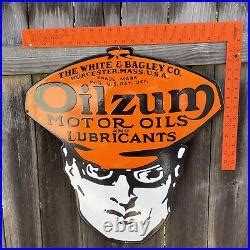 Large 24 OILZUM MOTOR OIL Die-Cut Metal Porcelain Enamel Advert Oil Gas ...