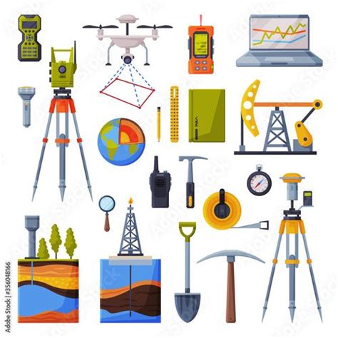 Geodesy Equipment Collection Flat Style Vector Illustration