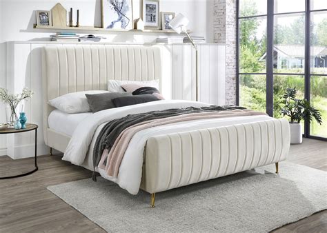 Contemporary cream velvet bed w/ channel tufting Upholstered Bed ...