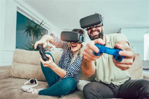 Happy Friends Playing Video Games with Virtual Reality Glasses Stock Photo - Image of games ...