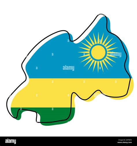 Stylized outline map of Rwanda with national flag icon. Flag color map ...