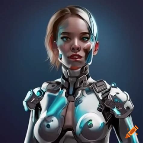 Futuristic female cyborg in chrome armor standing in a spaceship on Craiyon