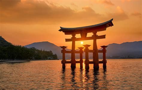 Wallpaper sea, sunset, mountains, Japan, Japan, the gates, torii, Itsukushima Shrine, Mount ...